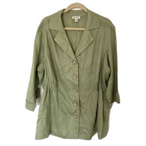 Dressbarn Linen Safari Jacket Green 3/4 Sleeve Button Lightweight Sz 22/24